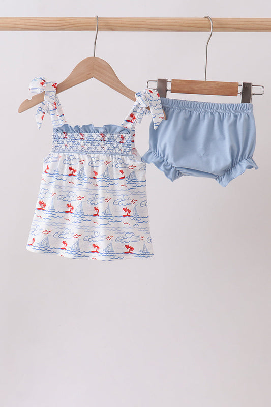Sailor Dreams Sailboat Smocked Bloomer Set