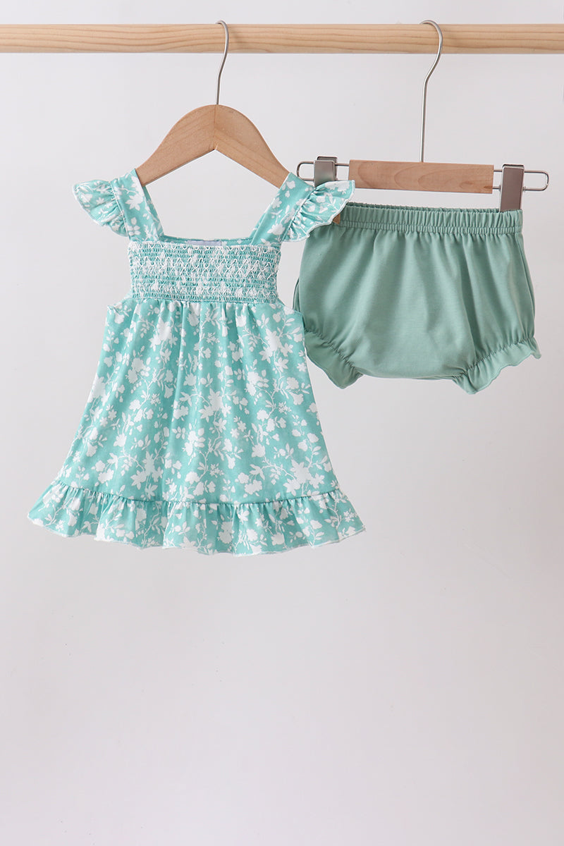 Sage Floral Smocked Bloomer Set | Baby Girl Boutique Outfit | Smocked Top & Bloomer Shorts Set for Toddlers