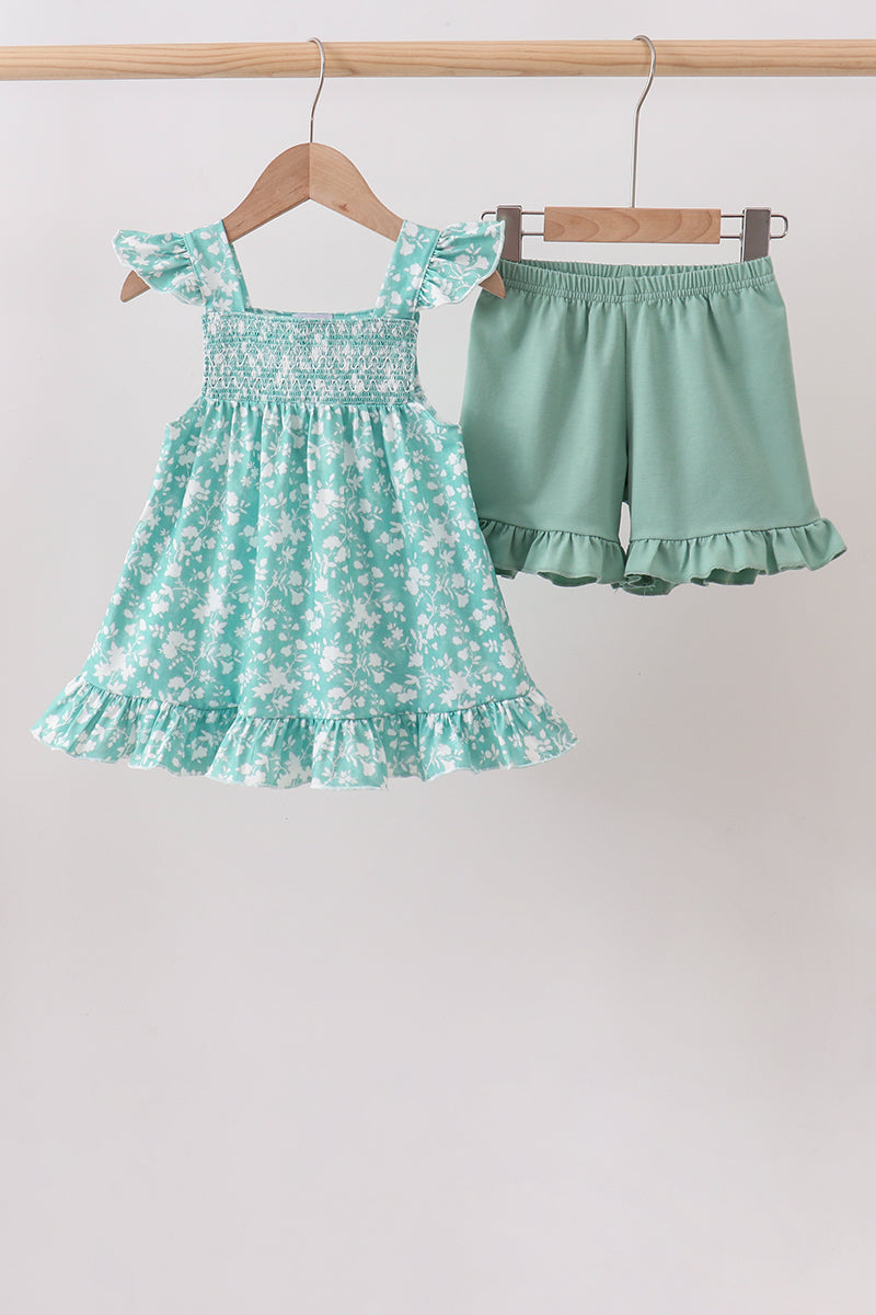 Sage Floral Smocked Set | Baby Girl Boutique Outfit | Floral Smocked Top & Bottom Set for Toddlers