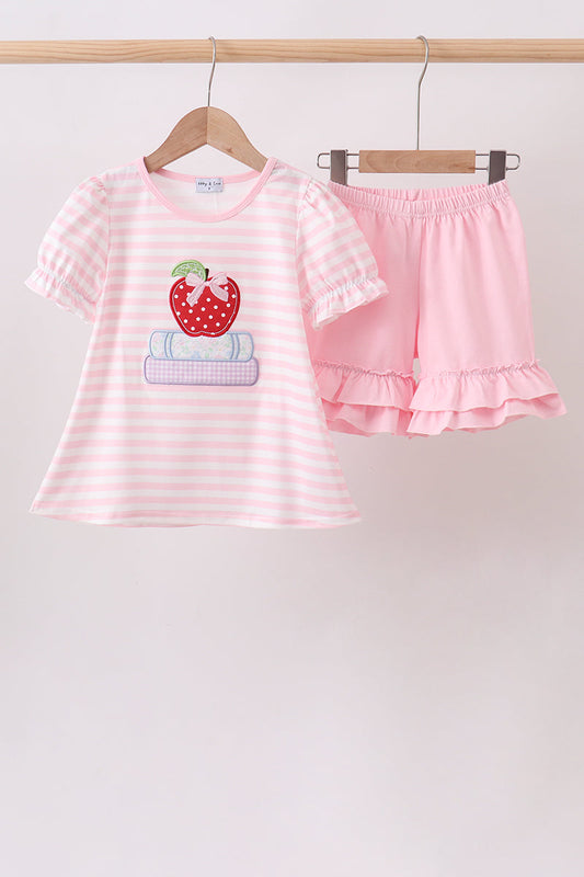 🍎📚 Pink Stripe Apple & Book Appliqué Ruffle Set | Back to School Girls Outfit ✨