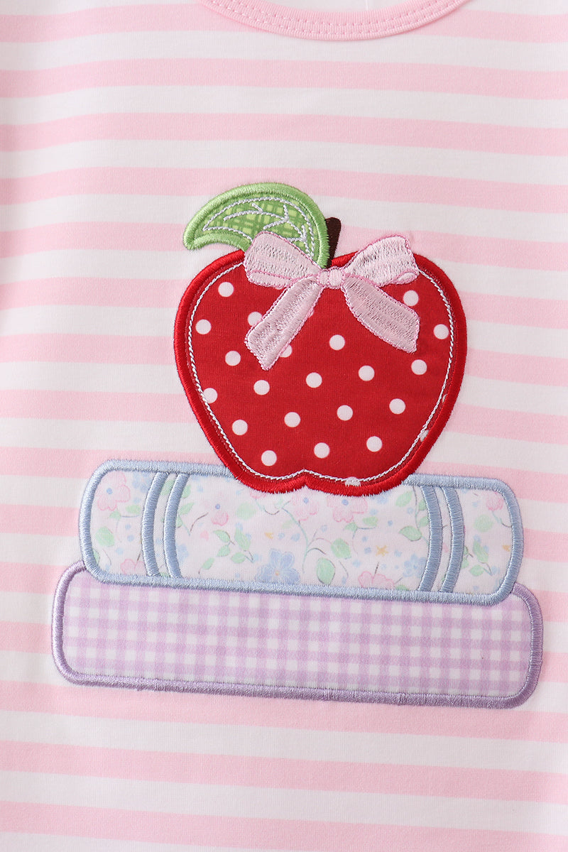 🍎📚 Pink Stripe Apple & Book Appliqué Ruffle Set | Back to School Girls Outfit ✨