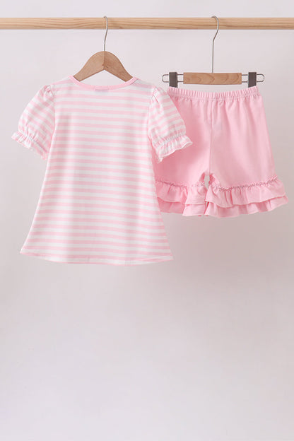 🍎📚 Pink Stripe Apple & Book Appliqué Ruffle Set | Back to School Girls Outfit ✨
