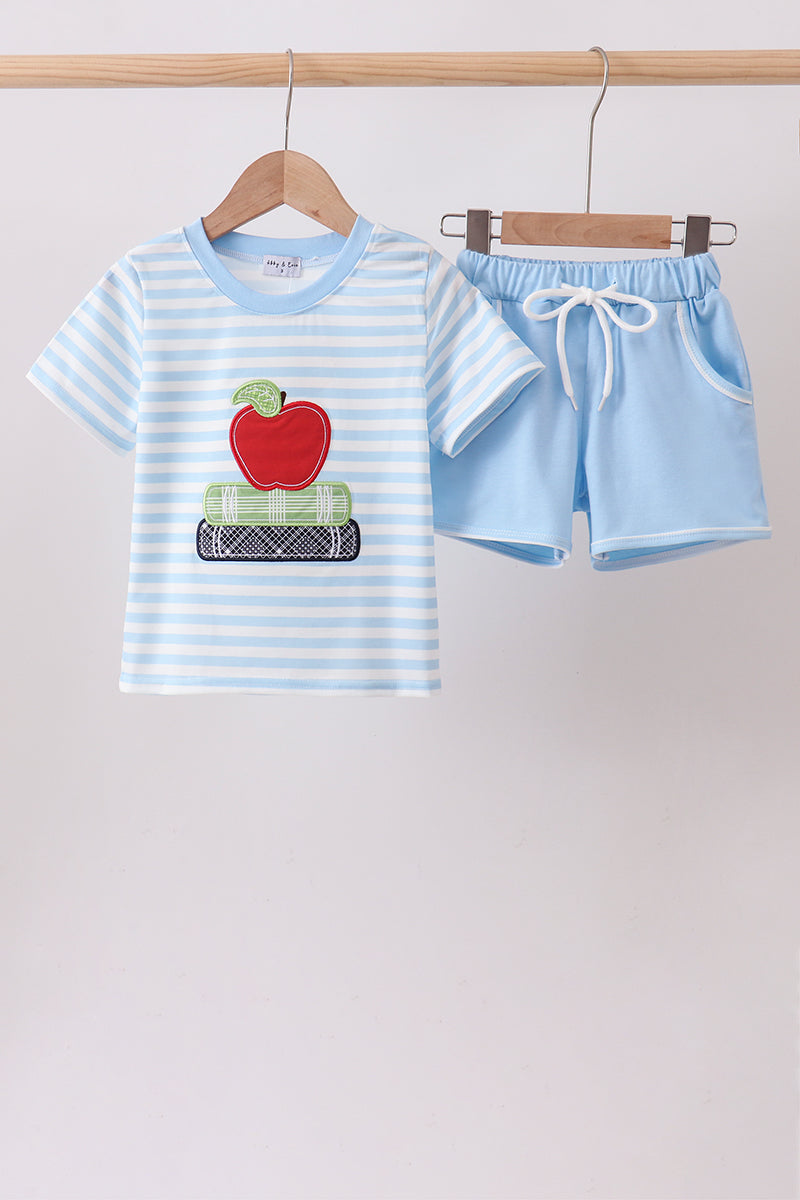 🍎📚 Blue Stripe Apple & Book Appliqué Set | Back to School Little Learner Outfit ✨