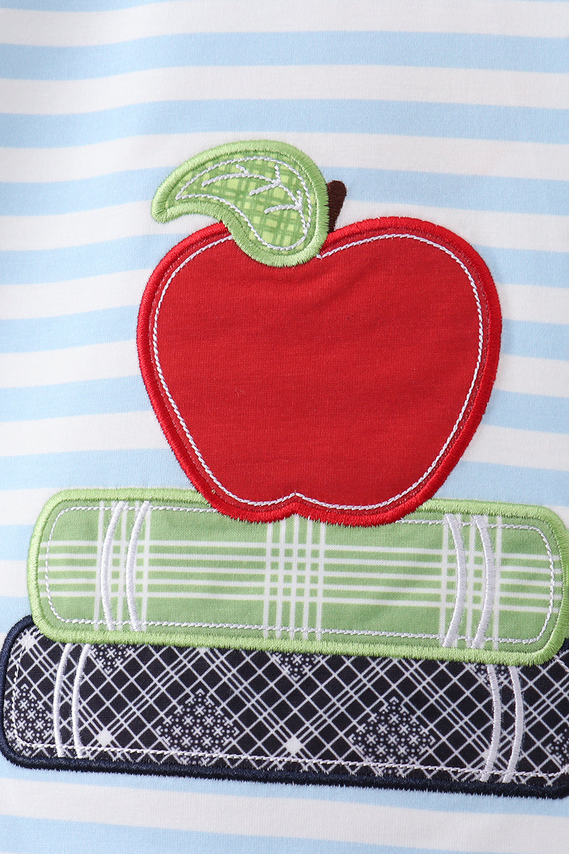 🍎📚 Blue Stripe Apple & Book Appliqué Set | Back to School Little Learner Outfit ✨