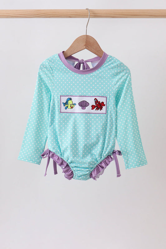🌊🐚 Blue Under the Sea Embroidered UPF Rashguard | Ocean-Inspired Swimwear ✨