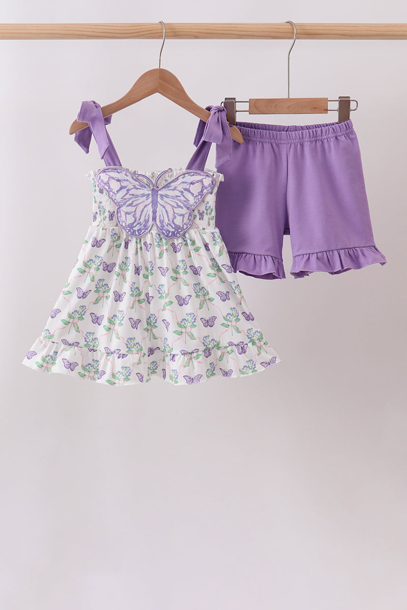 Purple Butterfly Applique Shorts Set | Baby Girl Boutique Outfit | Embroidered Butterfly Top & Shorts Set