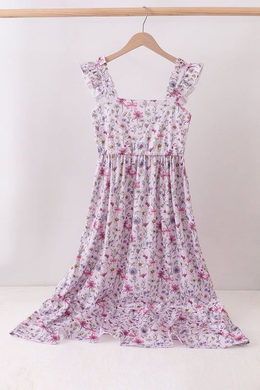 Purple Garden Ruffle Mom Dress | Floral Maxi Dress for Women | Elegant Smocked Boutique Dress for Moms