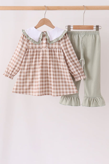 Brown turkey embroidery gingham ruffle pants set