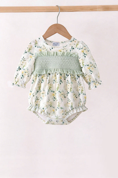 Sage floral smocked ruffle bubble