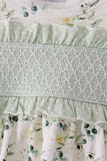 Sage floral smocked ruffle bubble