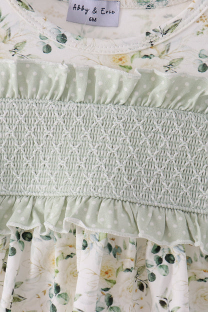 Sage floral smocked ruffle bloomer set