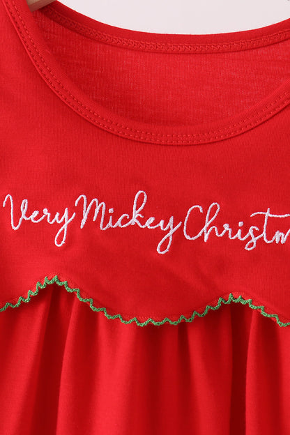Red christmas character applique dress