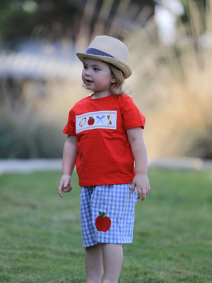 ✏️🍎 Boys’ Back to School Pencil & Apple Appliqué Plaid Shorts Set | School Outfit 🎒