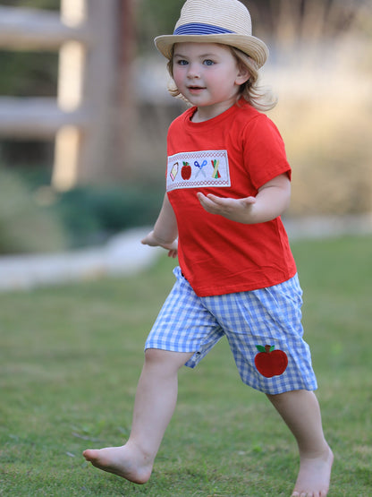 ✏️🍎 Boys’ Back to School Pencil & Apple Appliqué Plaid Shorts Set | School Outfit 🎒