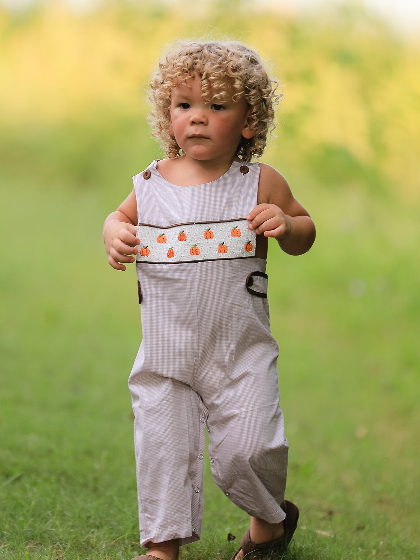 🎃 Fall Halloween & Thanksgiving Pumpkin Smock Embroidered Boys Romper | Boutique Baby & Toddler Holiday Outfit