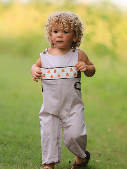🎃 Fall Halloween & Thanksgiving Pumpkin Smock Embroidered Boys Romper | Boutique Baby & Toddler Holiday Outfit