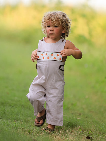 🎃 Fall Halloween & Thanksgiving Pumpkin Smock Embroidered Boys Romper | Boutique Baby & Toddler Holiday Outfit