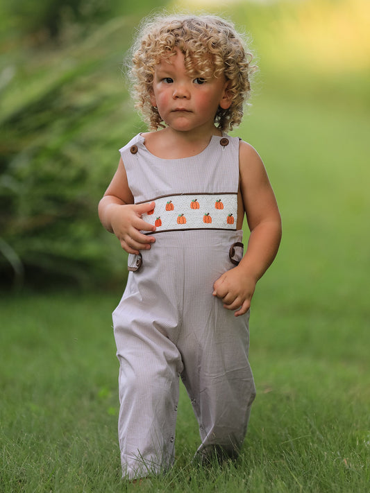 🎃 Fall Halloween & Thanksgiving Pumpkin Smock Embroidered Boys Romper | Boutique Baby & Toddler Holiday Outfit