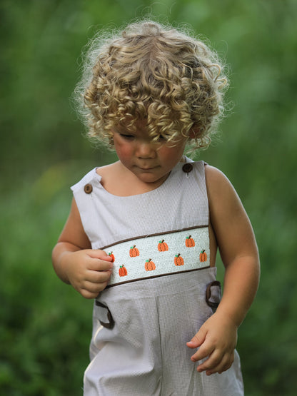 🎃 Fall Halloween & Thanksgiving Pumpkin Smock Embroidered Boys Romper | Boutique Baby & Toddler Holiday Outfit