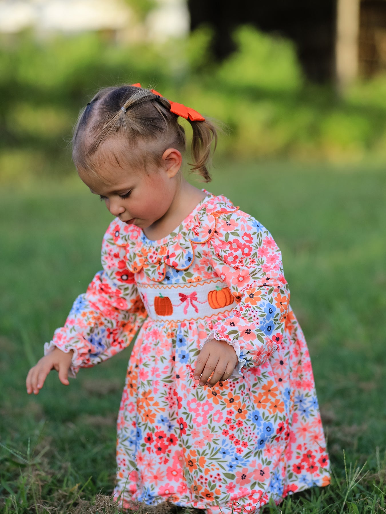 🎃 Fall Halloween & Thanksgiving Pumpkin Bow Smock Embroidered Floral Dress | Boutique Autumn Holiday Dress