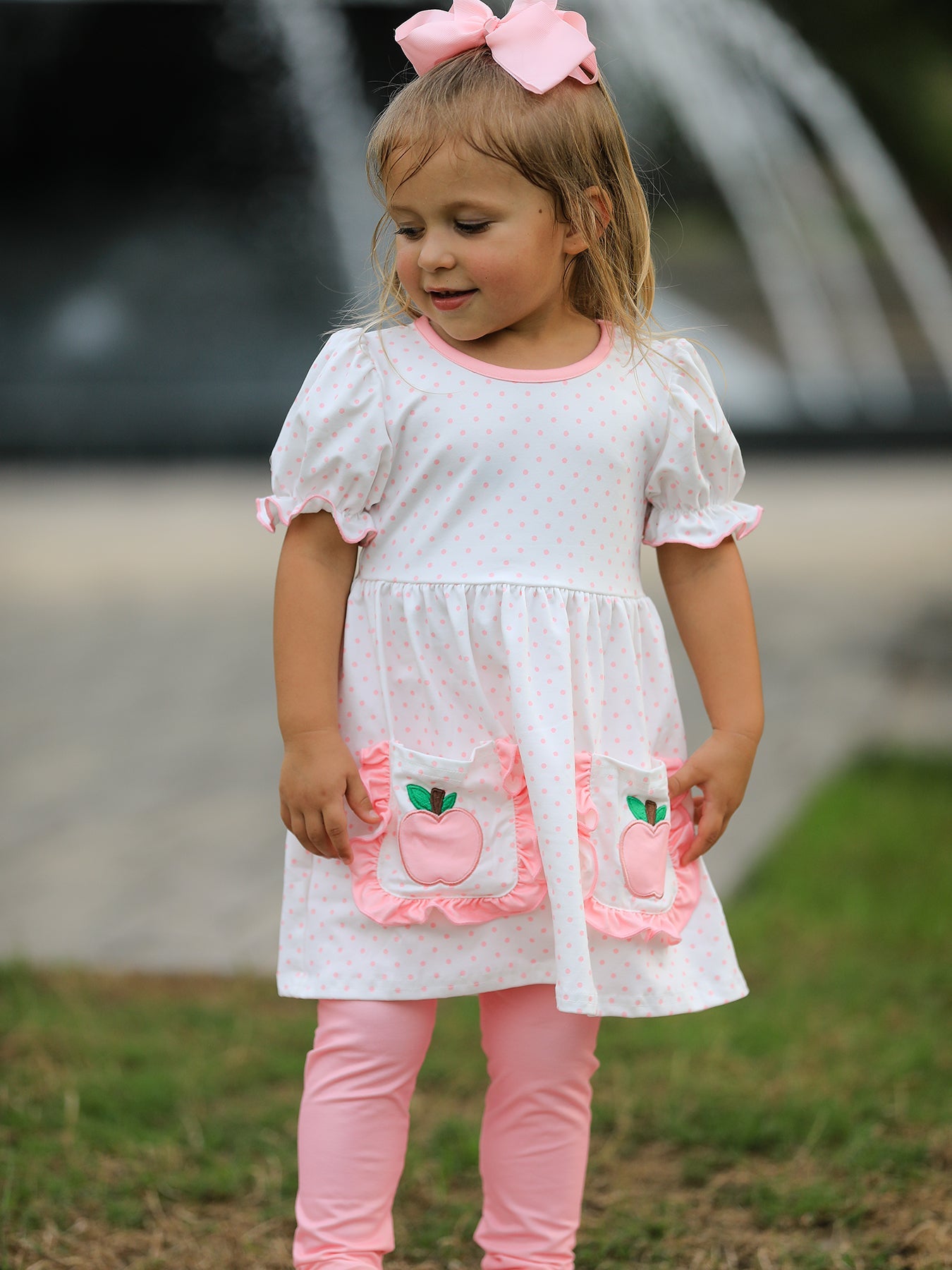 🍎🎒 Girls’ Back to School Apple Appliqué Set with Pockets | Cute School Outfit ✏️