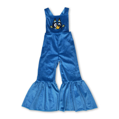Straps blue dog velvet baby girls jumpsuit