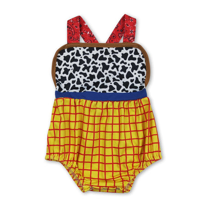 Straps cow plaid baby boy summer romper