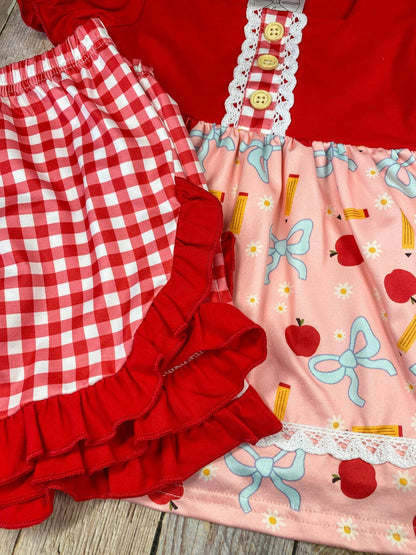 Apple Bow Gingham Shorts Set | Girls Back to School Outfit