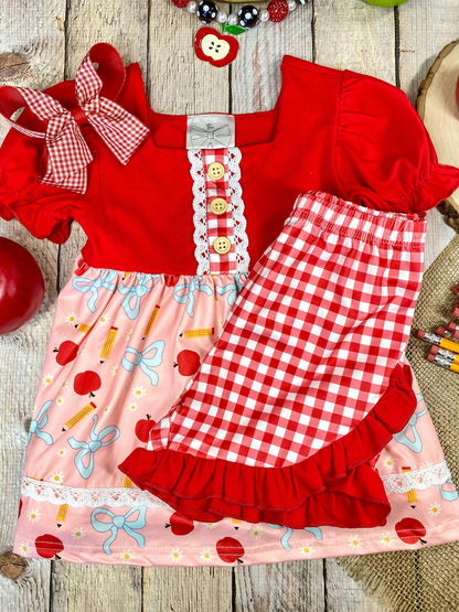 Apple Bow Gingham Shorts Set | Girls Back to School Outfit