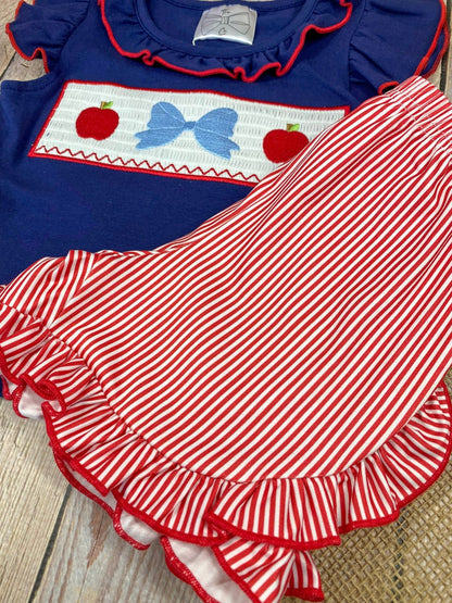 Apple Bow Smocked Top & Stripe Shorts Set | Girls School Outfit