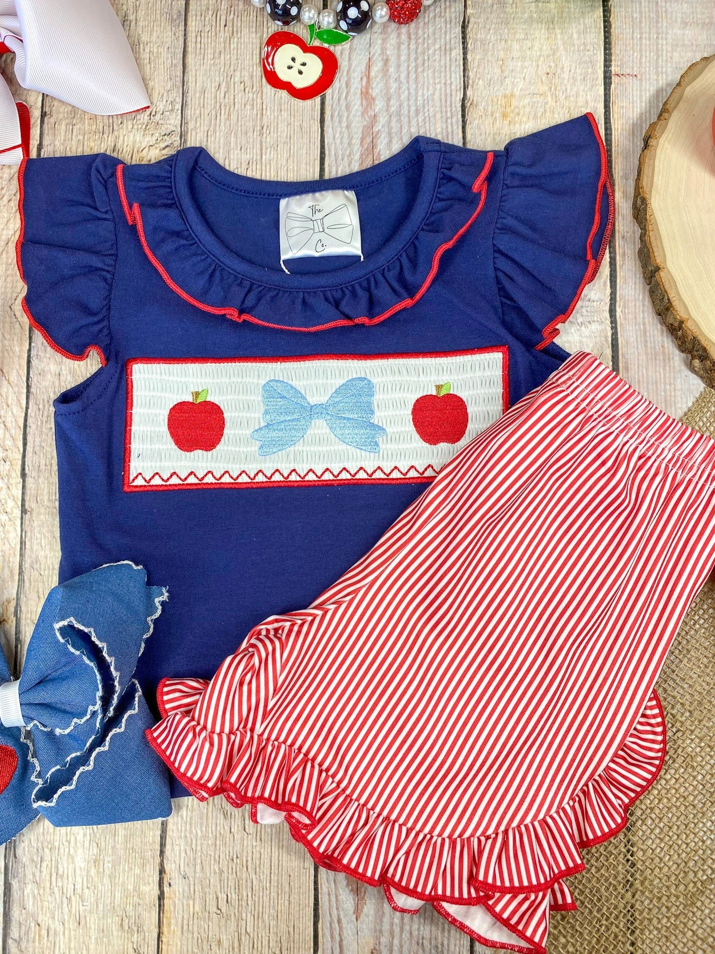 Apple Bow Smocked Top & Stripe Shorts Set | Girls School Outfit