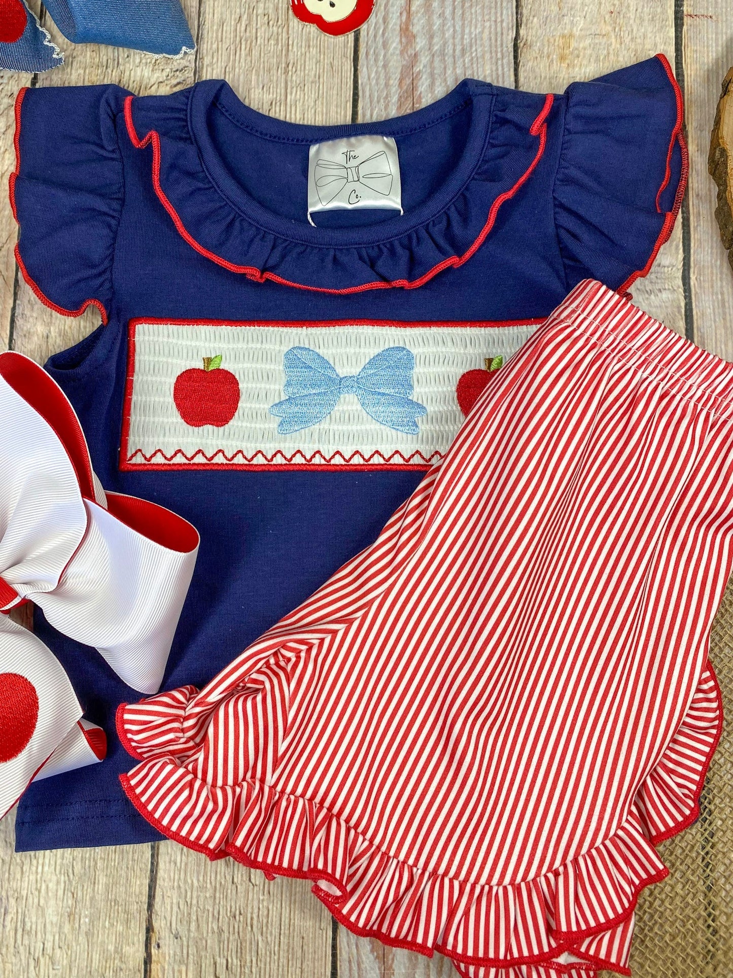 Apple Bow Smocked Top & Stripe Shorts Set | Girls School Outfit