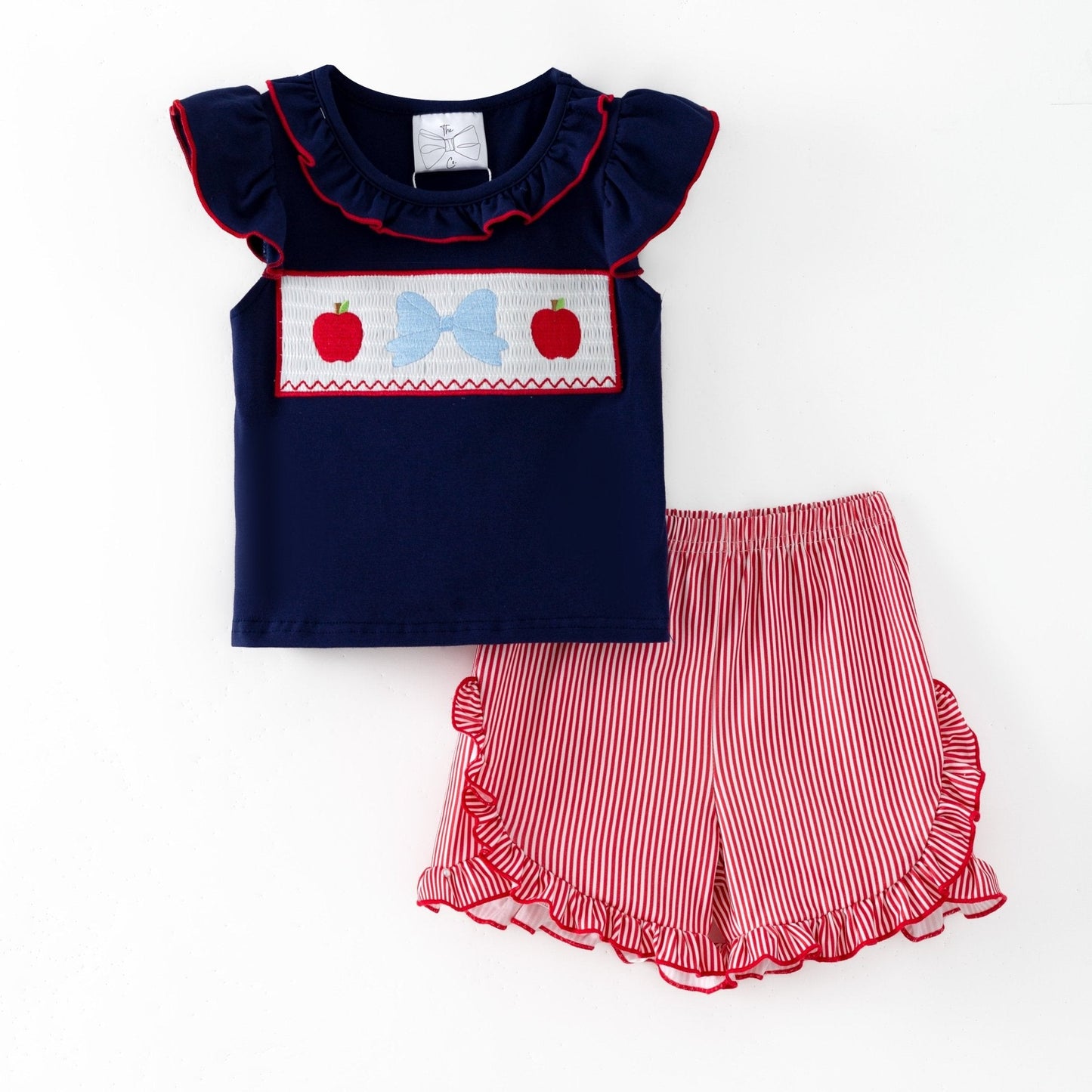 Apple Bow Smocked Top & Stripe Shorts Set | Girls School Outfit