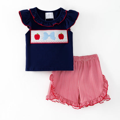 Apple Bow Smocked Top & Stripe Shorts Set | Girls School Outfit