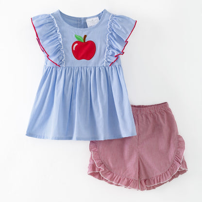 Apple Flutter Sleeve Top & Ruffle Shorts Set | Girls Back to School Outfit