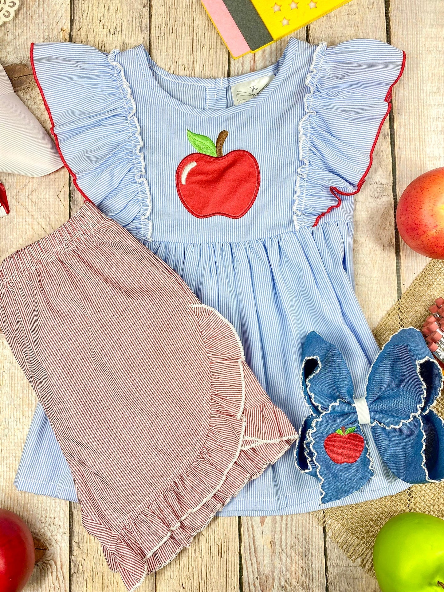 Apple Flutter Sleeve Top & Ruffle Shorts Set | Girls Back to School Outfit