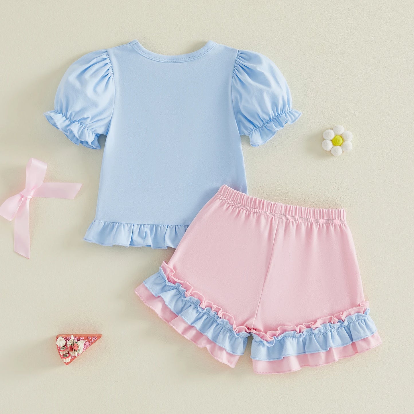 Toddler Baby Girl Summer Outfit Set | Princess Carriage & High Heel Shoe Embroidery Top with Ruffle Shorts | 2 Piece Boutique Set