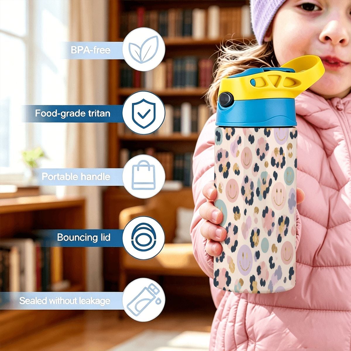 Cheetah Smiley Kids Water Bottle