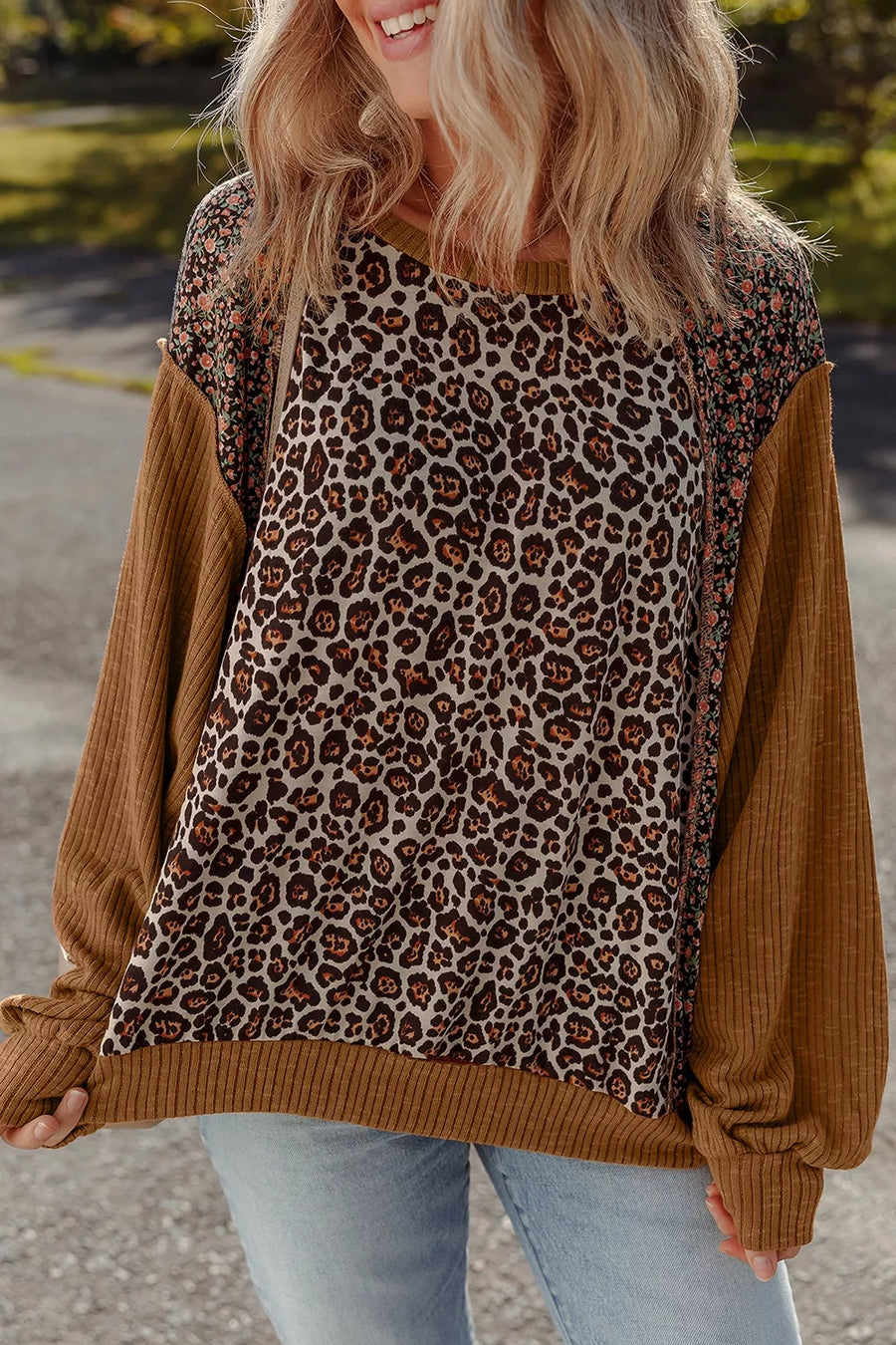 Leopard Floral Print Ribbed Puff Sleeve Patchwork Loose Sweatshirt