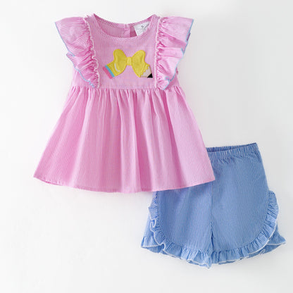 Pencil Bow Flutter Top & Ruffle Shorts Set | Girls School Outfit