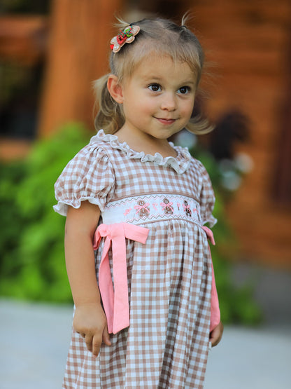 Christmas Vintage-Style Plaid Dress with Embroidered Gingerbread and Bows