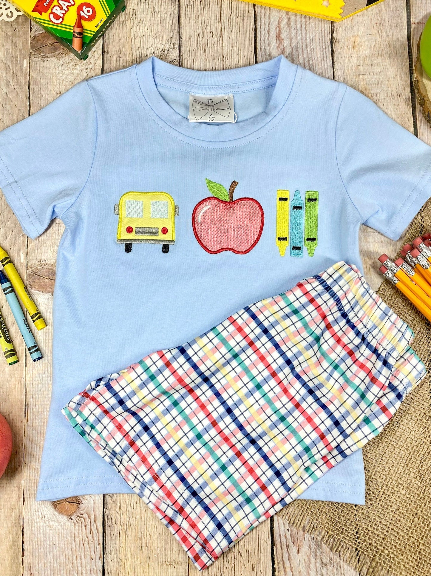School Days Appliqué Tee & Plaid Shorts Set | Boys Back to School Outfit