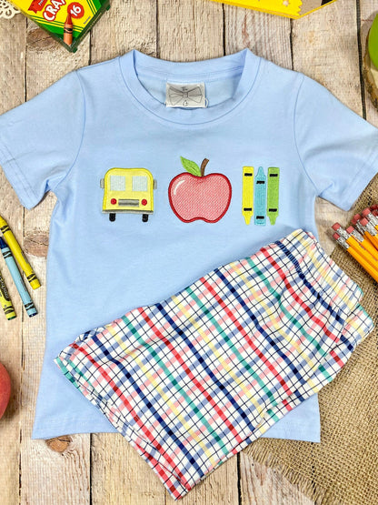 School Days Appliqué Tee & Plaid Shorts Set | Boys Back to School Outfit