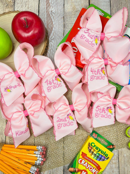 School Grade Embroidered Pencil Moonstitch Bow | Pre-K to 5th Grade
