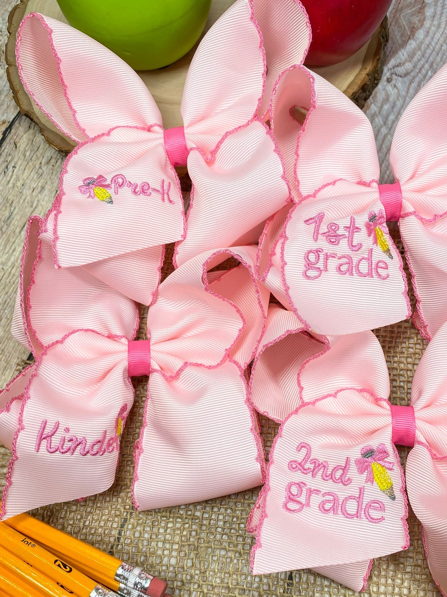 School Grade Embroidered Pencil Moonstitch Bow | Pre-K to 5th Grade