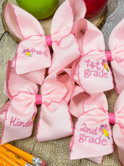 School Grade Embroidered Pencil Moonstitch Bow | Pre-K to 5th Grade