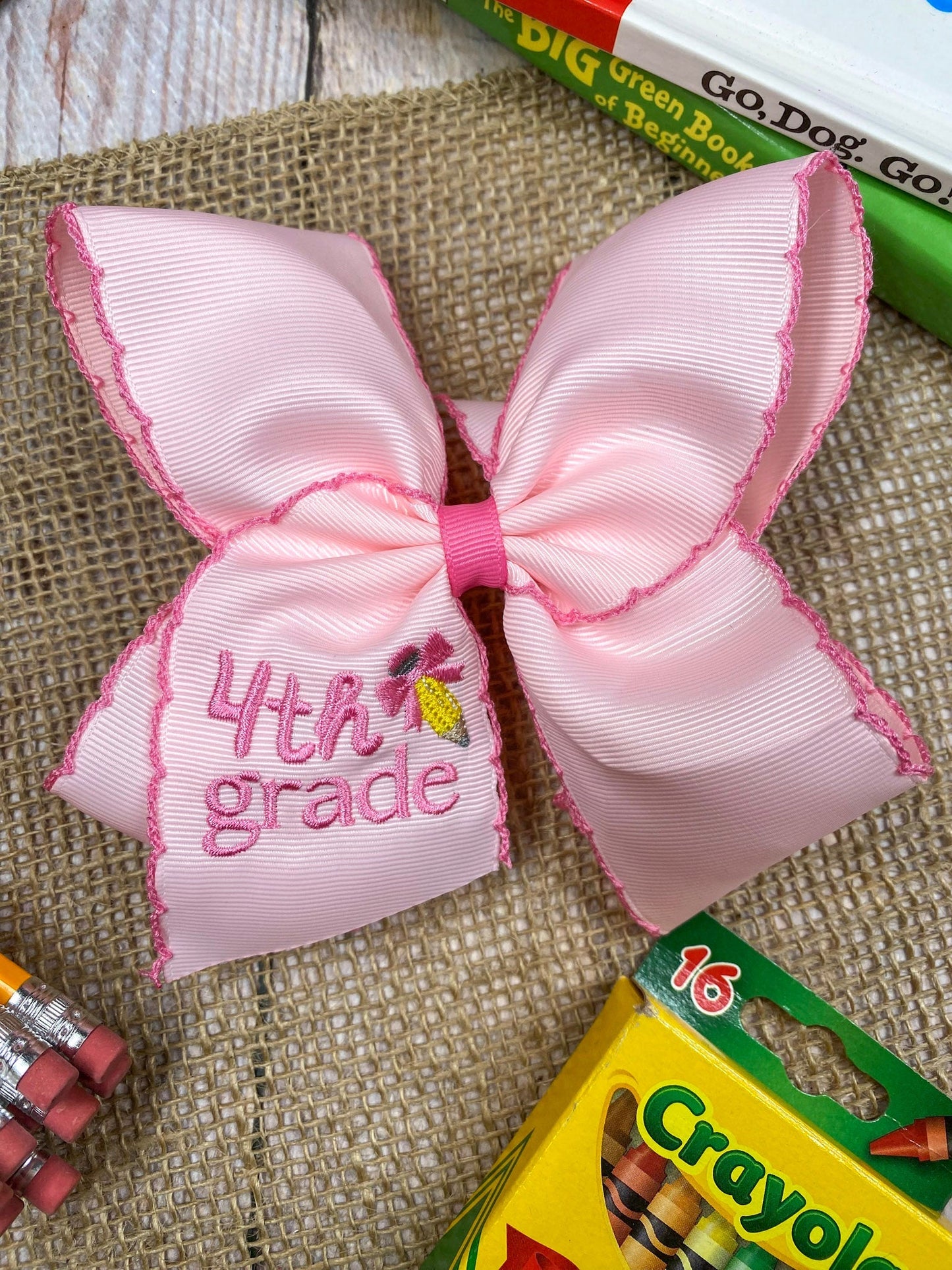 School Grade Embroidered Pencil Moonstitch Bow | Pre-K to 5th Grade