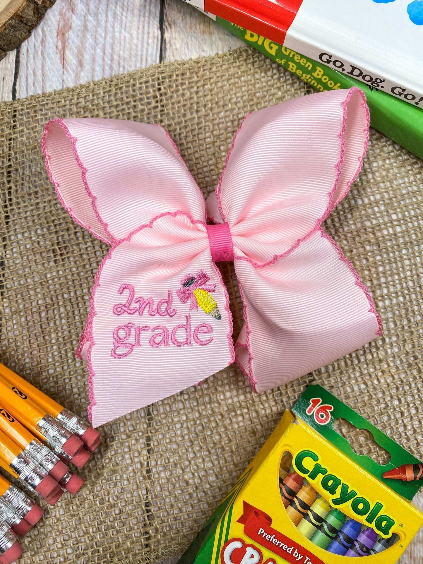 School Grade Embroidered Pencil Moonstitch Bow | Pre-K to 5th Grade